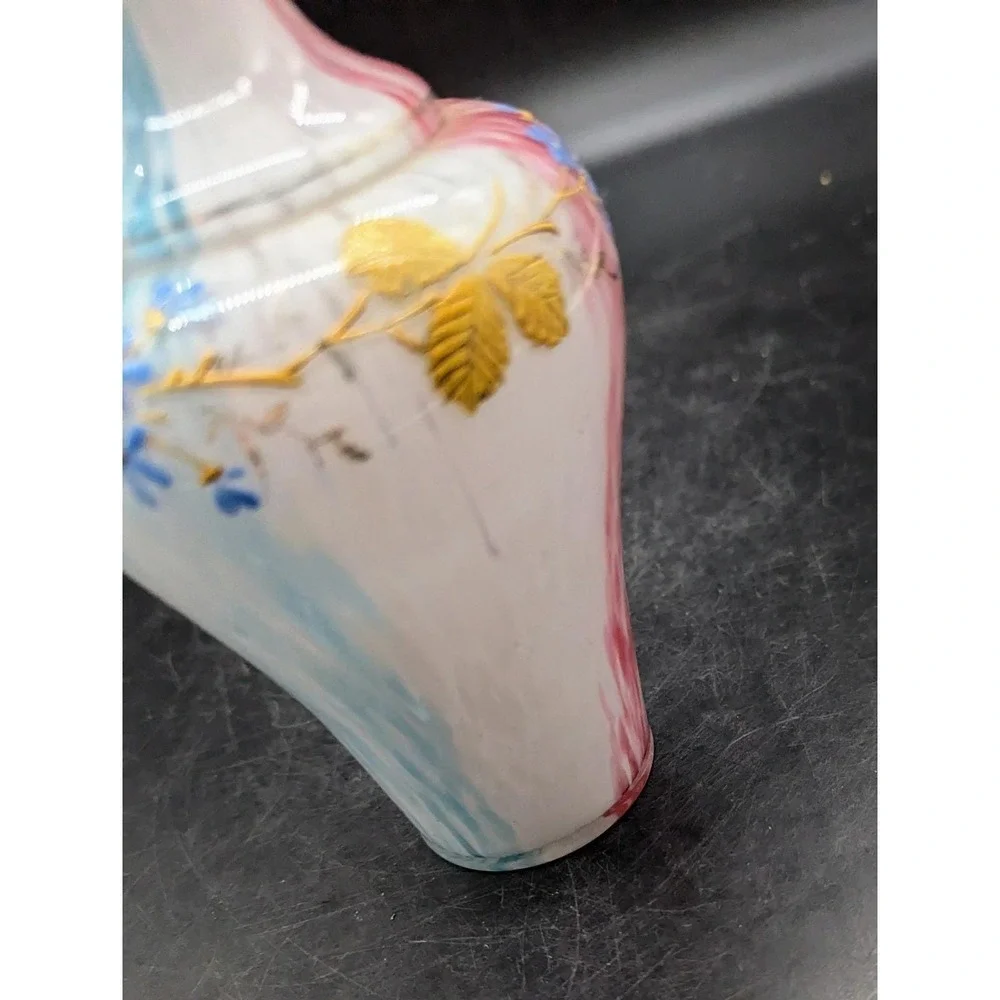 Vintage Bohemian Czech Art Glass Cased Pink Blue Vase Gold Leaf Enamel 6